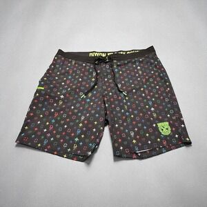 DIXXON Mens Board Shorts Black Multi Color Logo Print Swim Trunks Size 42